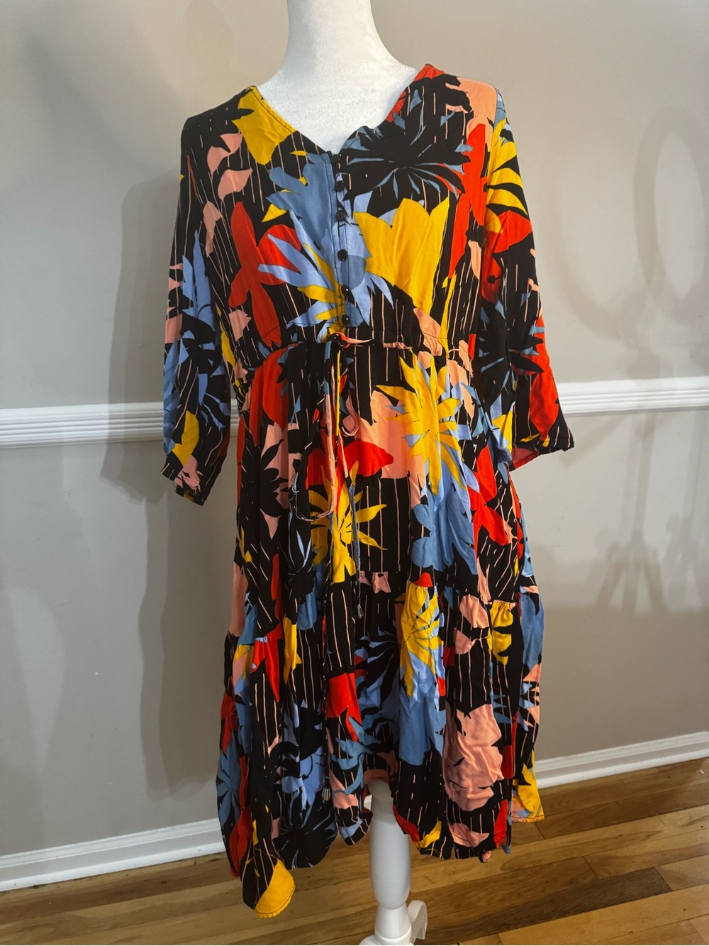 loralette Black Floral Button-Front Midi Dress with Multicolor Leaves